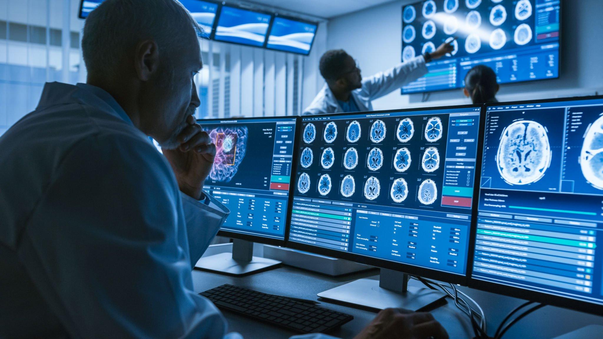 a doctor analyzing medical reports from computer